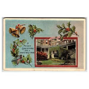 Vintage 1915 Portland Hotel Court Christmas Postcard with Bells & Bird